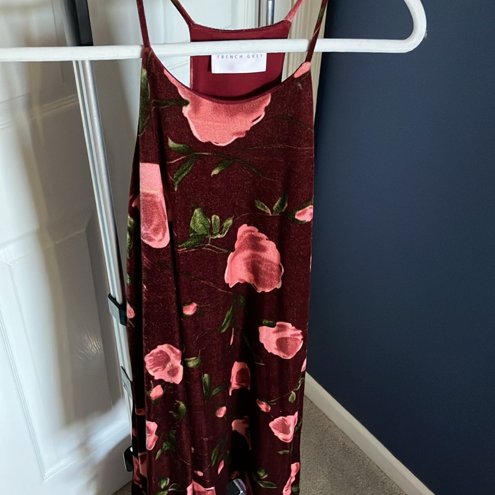 French Grey Velour Velvet S Maroon Burgandy Pink Floral Rose Dress